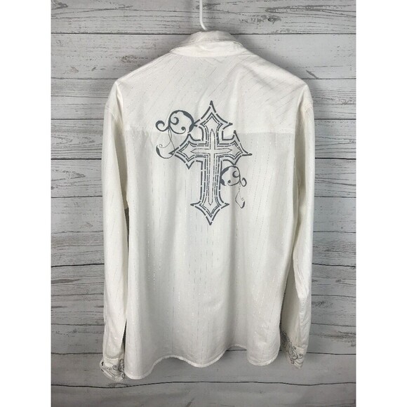 Ely 1878 Dress Shirt Large Snap Button Down White Silver Striped Cross Design - Picture 9 of 12